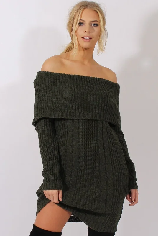 Khaki Bardot Heavy Knit Jumper Dress - Suzy